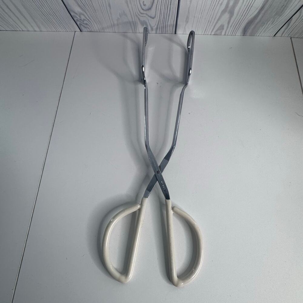 Vintage Stainless Steel Scissor Tongs Taiwan 14” White Coated Handle